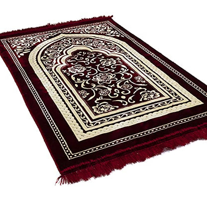 Modefa Turkish Islamic Velvet Prayer Rug - Thick & Wide Soft Praying Carpet for Men & Women - Large Prayer Mat - Eid & Ramadan Gift - with Kufi Cap, Beads & Car Hanger - Double Plush (Floral Red) - color: Floral Arch - Red