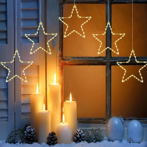 LED Christmas Window Star Decoration - 5 Pack 200 Hanging Star Lights Battery Operated 8 Modes with 5 Remote Controls for Indoor, Outdoor Christmas Window Decorations, Porch, Warm White - size: 200 LED