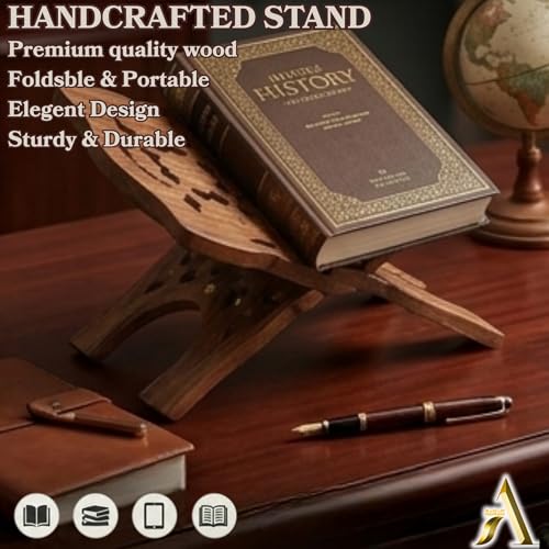 AnNafi® Wooden Book Holder Stand | Rehel/Rehal For Quran Geeta Bible | Indian Book Holders For Reading Hands Free For Desk Carved Antique | Holy Book Stand Prayer/Pooja Wood Islam Decor Handmade Gifts