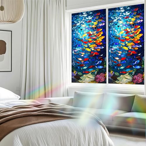 Nuxovilar Frosted Fish School Pattern Window Glass Film 17.7x39.4 in PVC | Fish School, Marine Decal colorful sea sticker, glass window cling for bathroom kitchen sliding door (Fish School)