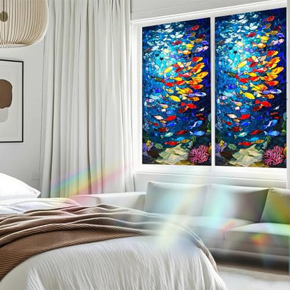 Nuxovilar Frosted Fish School Pattern Window Glass Film 17.7x39.4 in PVC | Fish School, Marine Decal colorful sea sticker, glass window cling for bathroom kitchen sliding door (Fish School)