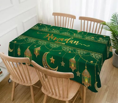 Hafangry Ramadan Mubarak Tablecloth Islamic Muslim Eid Decoration Golden Star Moon Lantern Kitchen Dining Room Table Cover (60" x 104") - size: 60" x 104"