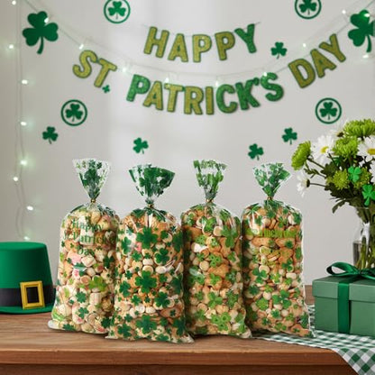 eowqeiur 100 PCS St Patricks Day Treat Bags(5x11 Inch) Green Shanrock Cellophane Bags for Cookie Candy Goodie Goody Snack Gifts Wrap Clover Spring Baggies Pouch St Patricks Party Favors Supplies - color: 100 St Patrick bags