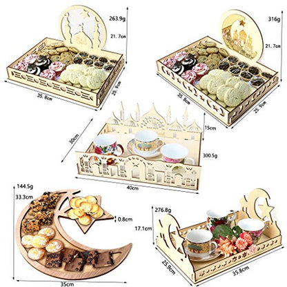 Ramadan Tray, Ramadan Wood Tray Moon Star Eid Mubarak Dessert Tray Ramadan Decorations, DIY Serving Tableware for Breakfast Dinner Dessert Pastry Display Holder Eid Decoration Ornament