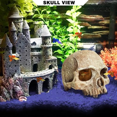 Aquarium Decoration for Fish Tank Skull Head Rock Cave-Small | Fish Tank Ornament Decorative Hideouts Landscape Aquarium Decor Reptile House Cave Aquarium Decoration