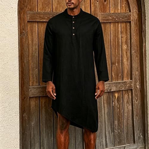 Mens Kaftan Thobe Robe Cotton Linen Long Sleeve Henley Shirt Casual Asymmetric Hem Muslim Kurta Gown Tops - color: Black, size: Large