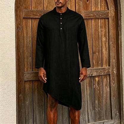 Mens Kaftan Thobe Robe Cotton Linen Long Sleeve Henley Shirt Casual Asymmetric Hem Muslim Kurta Gown Tops - color: Black, size: X-Large