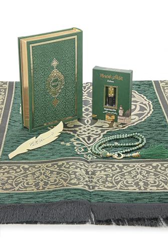 ihvan online Prayer Gift Set for Men & Women, Thin Soft Muslim Prayer Rug, Salah Mat, Beads Taasbih, Arabic Holy Quran, Islamic Gift Set for Ramadan & Eid, Green