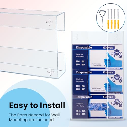 WodGod Acrylic Gloves Box Dispenser Holder Wall-Mounted,3 Box Capacity,Glove and Facial Tissue Wire Rack for Kitchen,Healthcare,Hospital,Restaurant,Workshop,Office,Etc(10”x3.2”x17”)