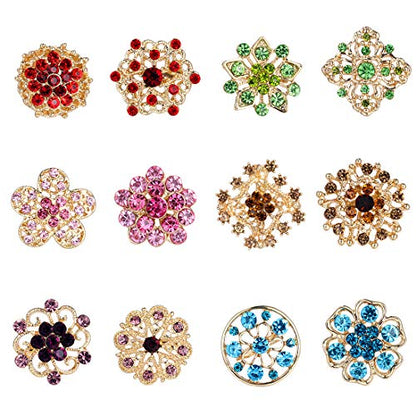 Lot 12pc Small Size Rhinestone Crystal Flower Brooches Pins Set DIY Wedding bridal Bouquet Women Broaches - color: Multicolor