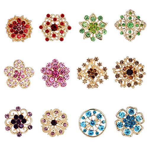 Lot 12pc Small Size Rhinestone Crystal Flower Brooches Pins Set DIY Wedding bridal Bouquet Women Broaches - color: Multicolor