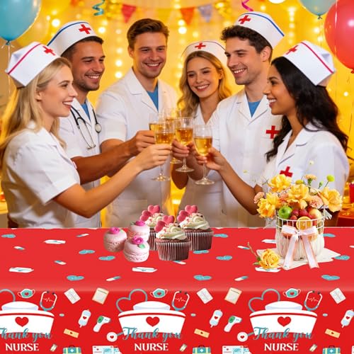 3 Pack Nurses Graduation Tablecloth,Thank You Nurses Disposable Plastic Table Cloth Plastic Table Covers for Nurses Week Gifts Bulk 2026 RN Nursing Graduation Party Supplies, 54 x 108 Inch - color: Red White