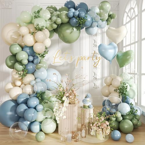 Dusty Blue Sage Green Balloon Arch Kit, 140Pcs Fog Blue and Light Blue Green Sand White Balloons Different Size with Heart Foil Balloon for Baby Shower Bridal Anniversary Birthday Party Decorations - color: Dusty Blue Sage Green