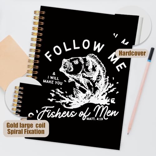 WUCHJ Black Retro Fish Christian Notebook, Matthew 4:19 Bible Verse Journal, Religious Scripture Spiral Notebook Journal for Note Taking, Christian Faith Based Gifts for Women Men, 5.5x8.3 Inch - color: black fish follow me