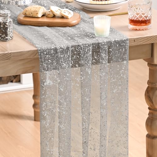Artoid Mode Grey Gold Gauze Table Runner 120 Inch 10FT, Glitter Metallic Foil Sheer Dining Wedding Anniversary Holiday Birthday Table Decor for Home Party - color: Grey, size: 28" x 120"