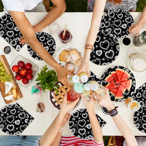 Qyeahkj 100 Pcs 2000s Party Plates Napkins Forks Set Black Heart Tableware Supplies Y2k Theme Birthday Party Decoration Early 2000s Dinnerware Decorations Favors for Birthday Party Serve 25 - style: 2000s black heart