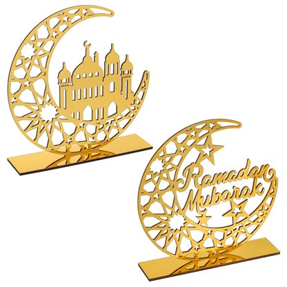2 Pieces Acrylic Ramadan Decorations Islamic Eid Mubarak Kareem Table Sign Moon Hollow Star Ornament for Muslim Party Tabletop Decor Home Art Craft Decoration Golden Moon - style: House Ramadan
