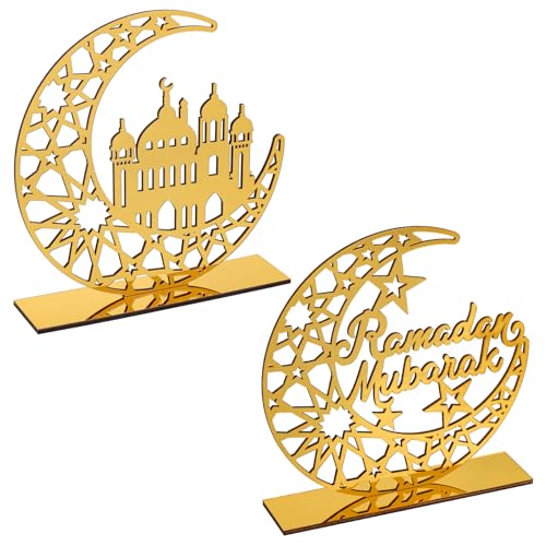 2 Pieces Acrylic Ramadan Decorations Islamic Eid Mubarak Kareem Table Sign Moon Hollow Star Ornament for Muslim Party Tabletop Decor Home Art Craft Decoration Golden Moon - style: House Ramadan