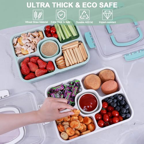 Large Snackle Box Container with Dip Container, 5 Compartments Snack Container with Lid and Handle, Veggie Fruit Divided Serving Tray for Party, Picnic, Dishwasher Safe, BPA-Free - color: Green