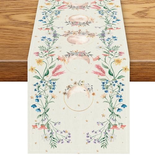 Moon Floral Table Runner, Boho Spring Wild Flower Moon Phase Seasonal Gothic Tarot Witchy Mystical White Coffee Table Center Decor for Family Kitchen Outdoor Holiday Party Table Decorations, 13"x36" - color: Moon Flower-6, size: 13“ X 36"
