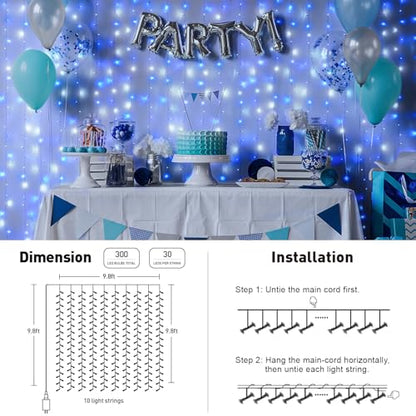 JMEXSUSS 300LED Christmas Curtain Lights Plug in, Blue and White, 9.8x9.8ft - color: Blue and White, size: 300 LED