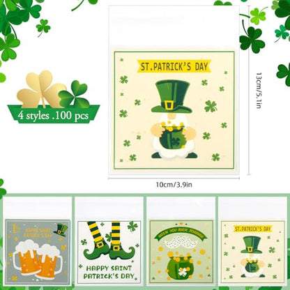 100 PCS Clear St Patricks Ziplock Bags, Plastic St Patricks Treat Gift Candy Goodie Snack Cookie Bags Party Favors Supplies for Gifts Giving Shamrock Bags Holiday Candy Bags Wrap - color: 100pcs St Patrick's bags