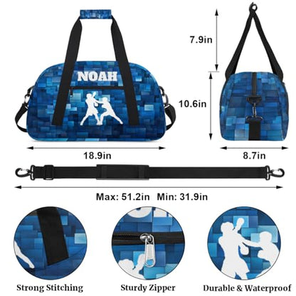 Custom Sports Bag for Boys, White Boxing Silhouette Blue Geometric | Personalized Named Practice Travel Overnight Training Bag - color: Color 32