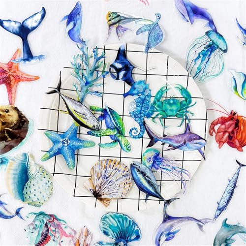 50PCS Marine Animal Stickers PET Transparent Stickers Starfish,Jellyfish,Sea Turtles,Seahorses,Whales Decals Waterproof Ocean Decals for Scrapbook DIY Crafts Planner Water Bottles Laptops (Ocean) - color: Ocean