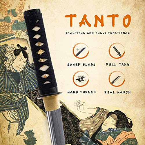 Hand Forged 1045 Carbon Steel Musashi Crest Tanto Full Tang Sword | hand-sharpened for tameshigiri, wavy temper, bo-hi groove, openwork guard, rayskin grip