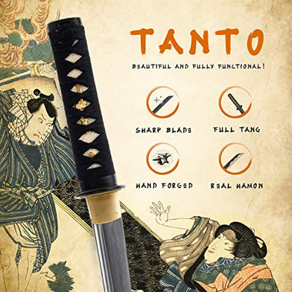 Hand Forged 1045 Carbon Steel Musashi Crest Tanto Full Tang Sword | hand-sharpened for tameshigiri, wavy temper, bo-hi groove, openwork guard, rayskin grip