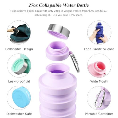 Nefeeko Collapsible Water Bottle, 27oz Reuseable BPA Free Silicone Foldable Portable Leak Proof Sports Water Bottle with Carabiner for Travel Gym Camping Hiking - color: Black-27oz
