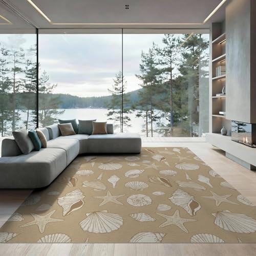 8'x10' Beige Beachy with Rustic Ocean Shell Washable Area Rug | Scattered Seashells Design, Starfish and Conch for King Size Bedroom Under Bed, Master Suite, Non-Shedding, Easy Care - color: Beige/Pattern 24, size: 8' x 10' (Rectangular)