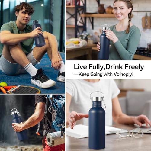 Volhoply 32oz Uninsulated Single Walled Water Bottle, Stainless Steel Sports Water Bottles with Handle, BPA Free Lightweight Water Bottles for Hiking, Biking, Running（Navy,1） - color: Navy