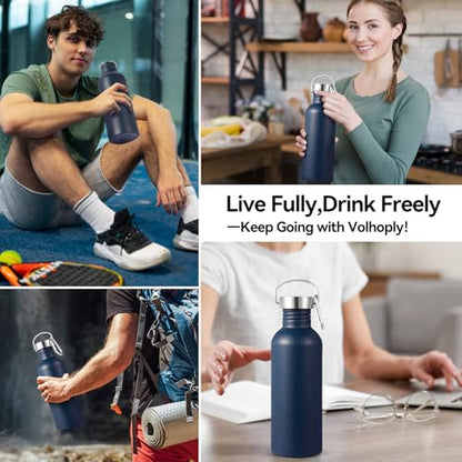 Volhoply 32oz Uninsulated Single Walled Water Bottle, Stainless Steel Sports Water Bottles with Handle, BPA Free Lightweight Water Bottles for Hiking, Biking, Running（Navy,1） - color: Navy