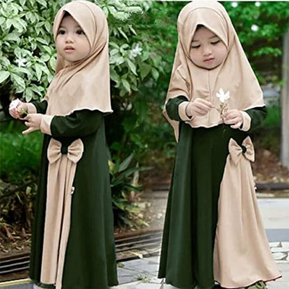IBTOM CASTLE Abaya for Girl Kids Hijab Scarf Muslim Dress Two-piece Ramadan Prayer Clothes Islamic Arabic Kaftan Khimar Robe - color: Green, size: 1-2T