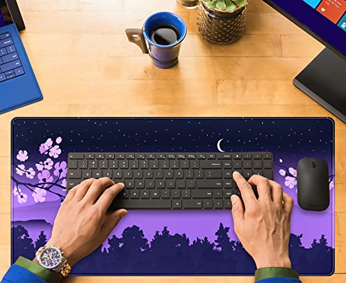 Purple Desk Mat Japanese Desk Pad Cute Fuji Mountain Gaming Mousepad Large, Cherry Blossom Mouse Pad XXL Desk Mats, Kawaii Anime Deskmats Desktop Protector Laptop Keyboard Mat Pad 31.5x15.75 in - color: Q-purple Cherry Blossom
