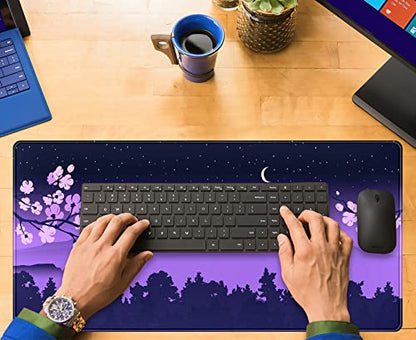 Purple Desk Mat Japanese Desk Pad Cute Fuji Mountain Gaming Mousepad Large, Cherry Blossom Mouse Pad XXL Desk Mats, Kawaii Anime Deskmats Desktop Protector Laptop Keyboard Mat Pad 31.5x15.75 in - color: Q-purple Cherry Blossom