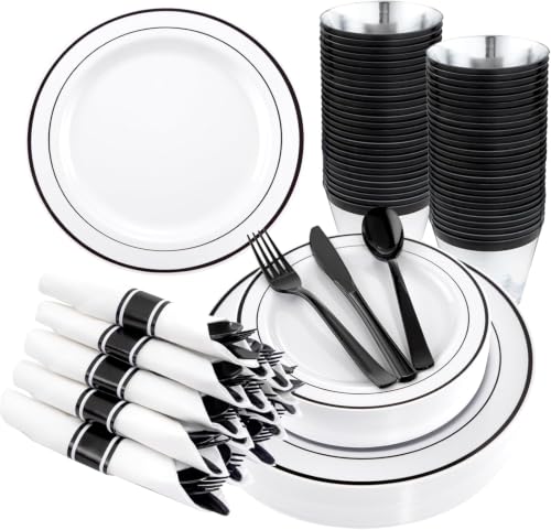 WELLIFE 210Pcs Black Plastic Dinnerware with Pre Rolled Napkins, Include:30 Dinner Plates, 30 Dessert Plates, 30 Paper Napkins, 30 Cups, 90 Plastic Cutlery - color: Black, style: 210PCS（30 Guests）