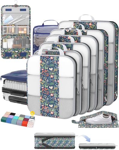 OlarHike 10 Set Compression Packing Cubes for Travel Essentials,Compressible Expandable Space Saver Bags for Organizing Clothes,Luggage Garment Bags with Over 1000 pcs Mesh Holes(Dark Blue Floral) - color: Dark Blue Floral