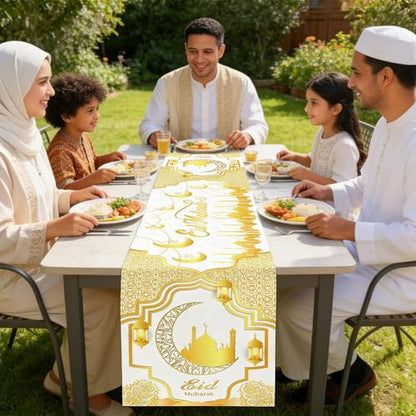 Ramadan Mosque Linen Table Runner: White and Gold Mosque Moon Tablerunner Muslim Eid Al-fitr Eid Mubarak Perfect for Ramadan Party Home Kitchen Dining Mantel 13×72Inches(1 Pcs) - color: Ramadan White