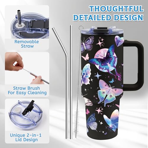 40oz Tumbler with Handle & Straw, Butterfly Gifts for Women | Insulated Stainless Steel Travel Mug, Holiday, Birthday Gifts for Women, Friends, Daughter, Mom - color: Butterfly-Black