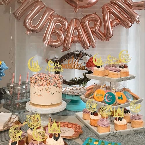 ZHUOWEISM 24 PCS Eid Mubarak Cupcake Toppers Glitter Moon Star Ramadan Kareem Happy Eid Islamic Muslim Theme Party Cake Decorations Supplies Gold - color: Design 5 Gold