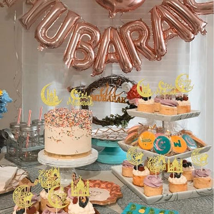 ZHUOWEISM 24 PCS Eid Mubarak Cupcake Toppers Glitter Moon Star Ramadan Kareem Happy Eid Islamic Muslim Theme Party Cake Decorations Supplies Gold - color: Design 5 Gold