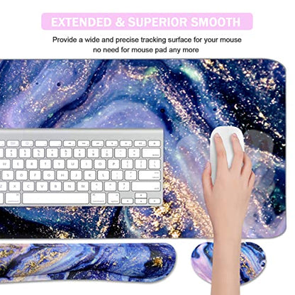 4-in-1 Large Gaming Mouse Pad, Keyboard Wrist Rest Pad & Wrist Support Mousepad Set, Extended Desk Pad Waterproof Desk Mat for Home Office Study Game - Purple Marble - color: Purple Marble