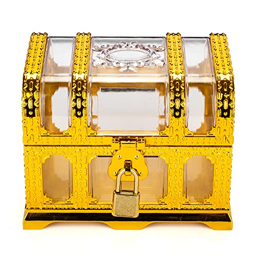 Treasure Chest with Lock and Key,Pirate Theme Party Favors for Kids,Transparent Golden Pirate Chest - color: transparent golden chest 2