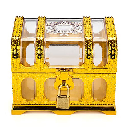 Treasure Chest with Lock and Key,Pirate Theme Party Favors for Kids,Transparent Golden Pirate Chest - color: transparent golden chest 2