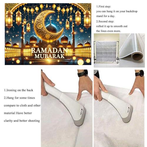 Ramadan Mubarak Backdrop Golden Crescent Moon Lanterns Mosque Banner Eid Mubarak Celebration Ramadan Decorations for Home Booth Prop (8x6FT) - size: 8x6FT