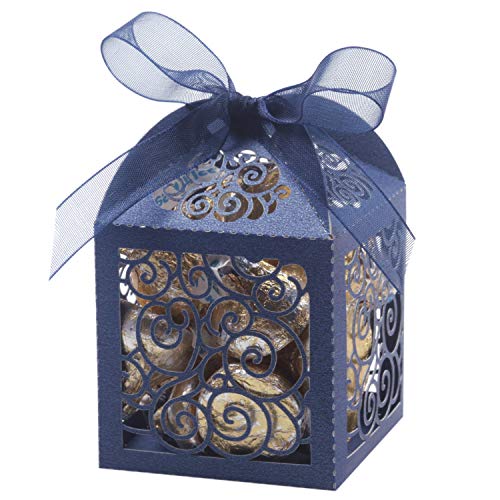 KPOSIYA 100 Pack Wedding Favor Boxes Laser Cut Boxes Party Favor Box Small Gift Boxes Lace Candy Boxes for Wedding Bridal Shower Baby Shower Birthday Party Anniverary with Ribbons (Navy, 100) - color: Navy 100