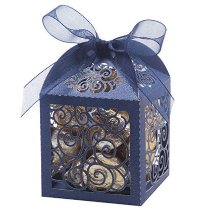 KPOSIYA 100 Pack Wedding Favor Boxes Laser Cut Boxes Party Favor Box Small Gift Boxes Lace Candy Boxes for Wedding Bridal Shower Baby Shower Birthday Party Anniverary with Ribbons (Navy, 100) - color: Navy 100