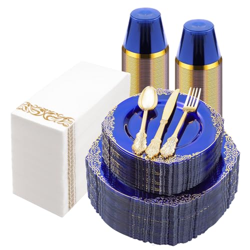 Bestluck 350PCS Clear Blue Plastic Plates for 50 Guests - color: Blue, size: 50 Guests